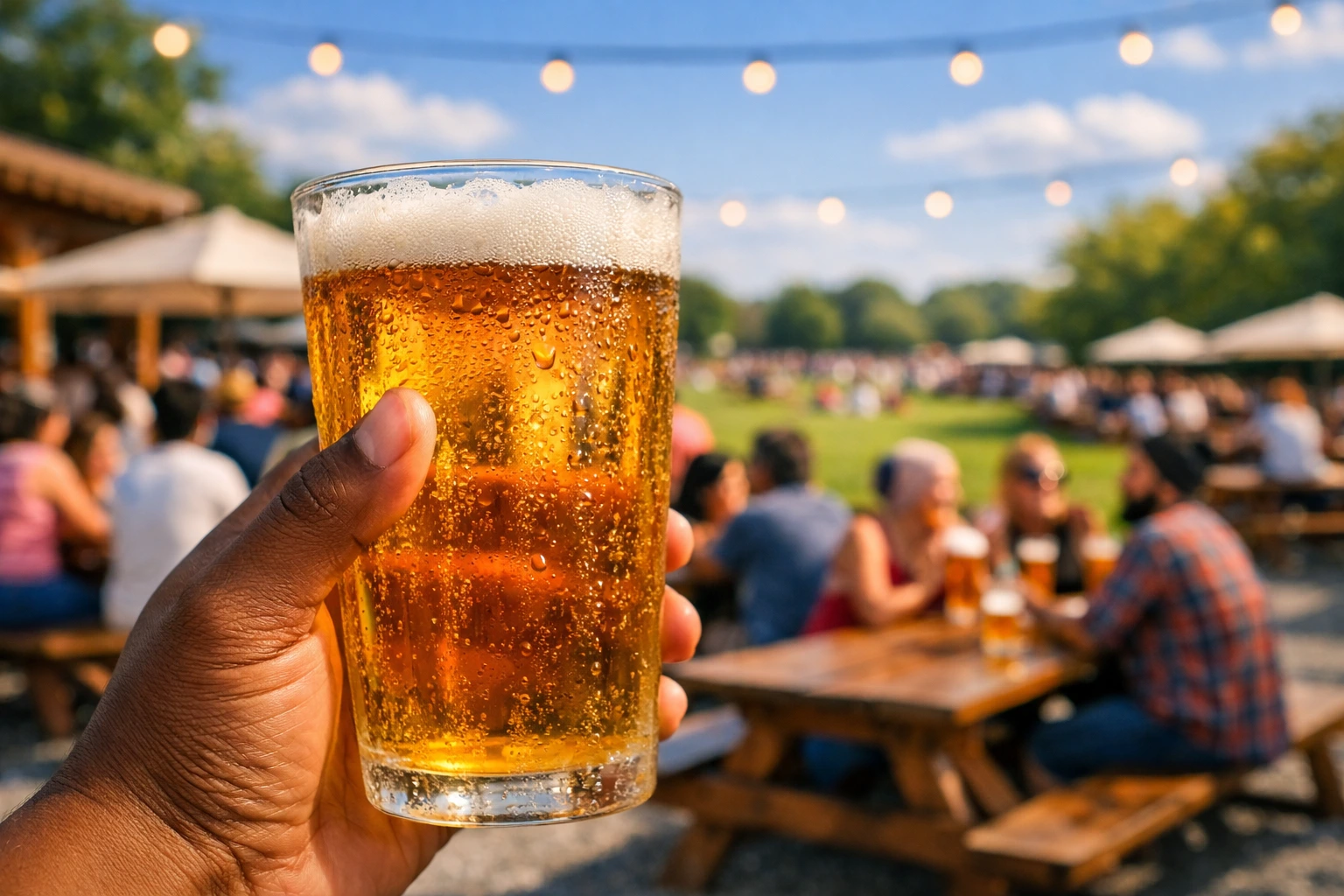 Close‑up of a hand holding a frosty pint of golden beer at a summer beer garden, with blurred tables and greenery behind.