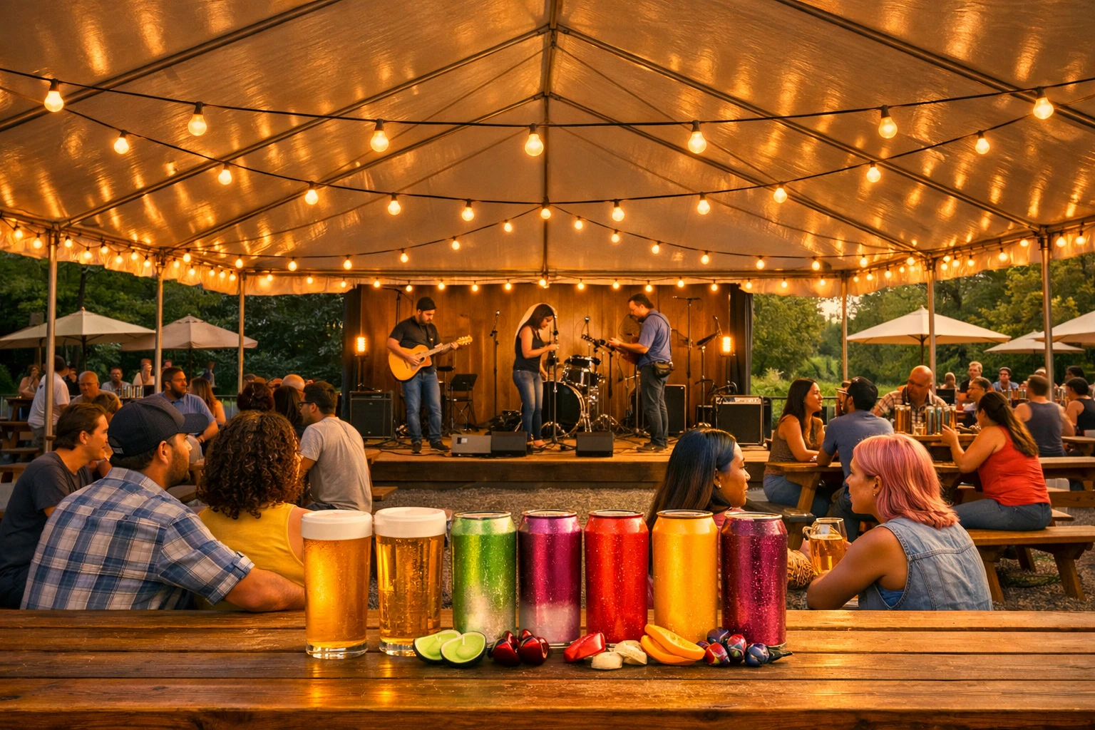 Diverse crowd enjoying drinks at a sunny outdoor beer garden with picnic tables, string lights, and green trees in the background.