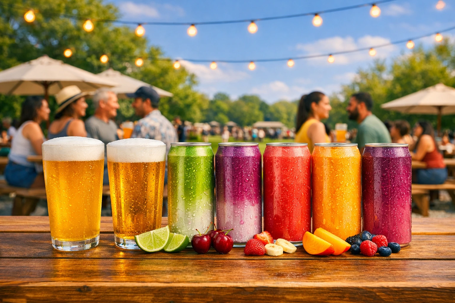 Colorful lineup of craft beers, hard seltzers, and fruit‑forward smoothies arranged on a rustic wooden table at a summer event.