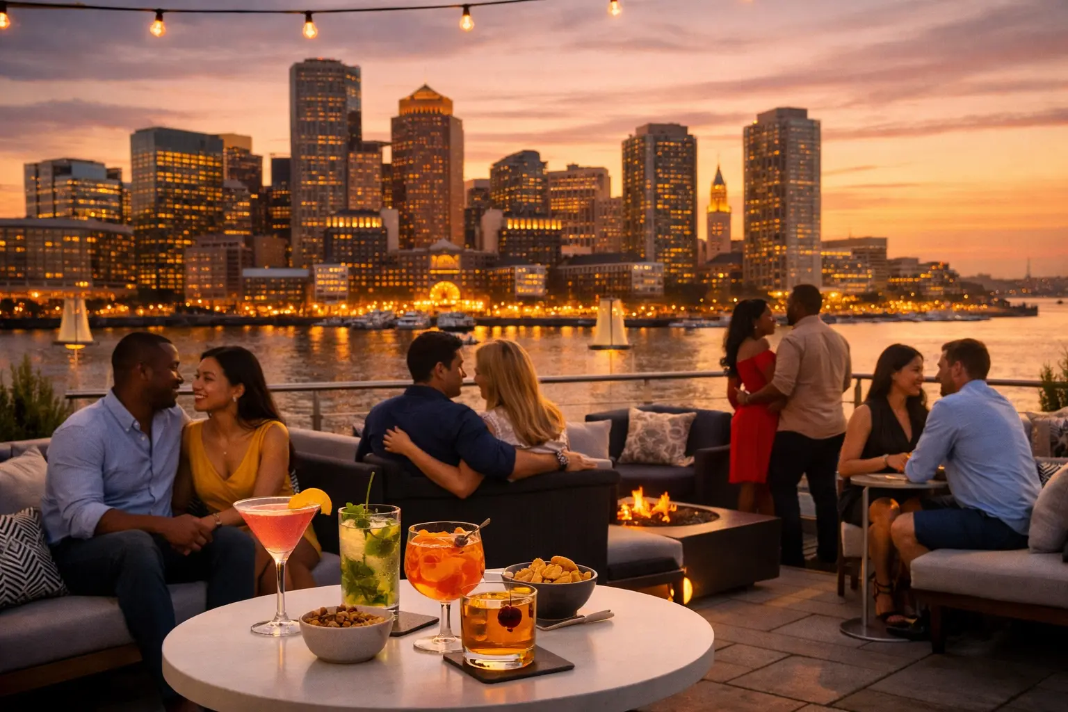 Seaport rooftop bar in Boston with cocktails and skyline views at sunset.