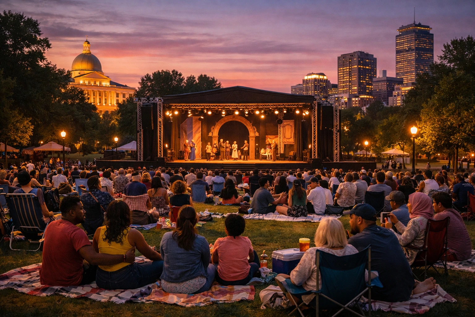 Shakespeare on the Common performance with audience on Boston Common.