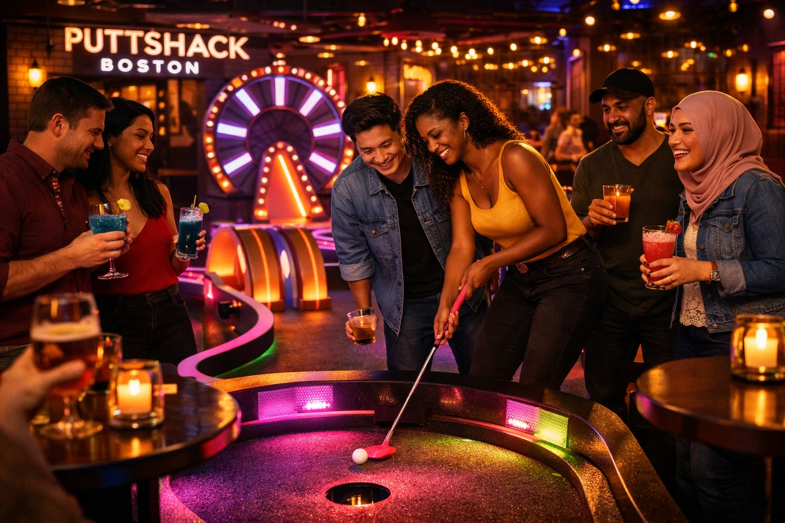 Neon mini golf lane at Puttshack Boston during a date night