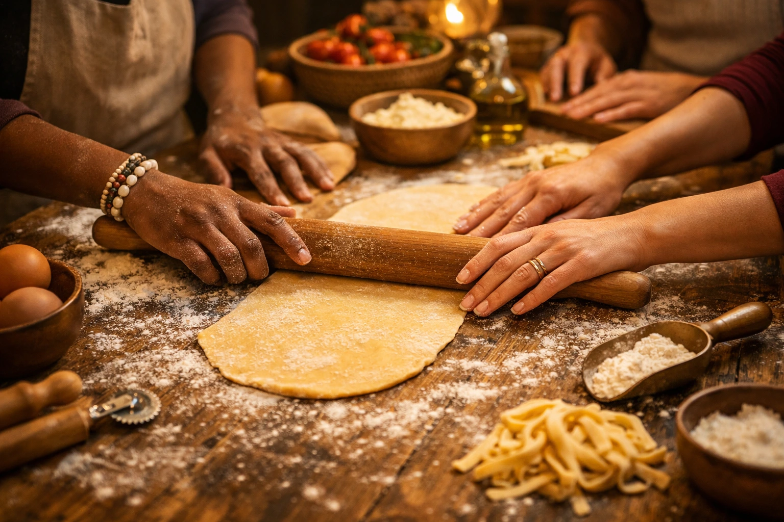 Couple making fresh pasta during a Boston cooking class.