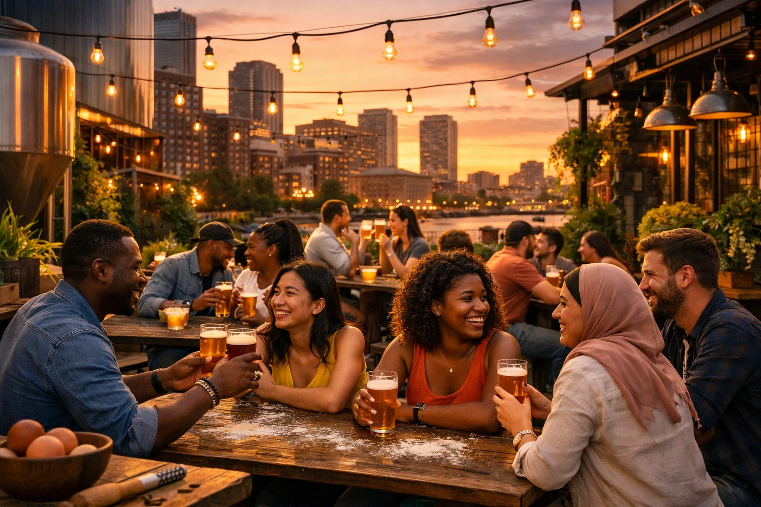 Craft beer on a Boston brewery patio during a summer evening