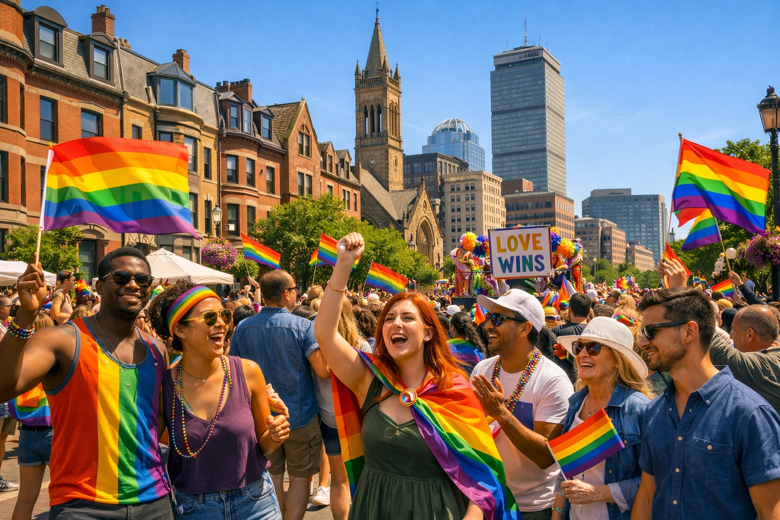 Boston Pride parade with rainbow flags and crowds celebrating on a sunny June day.