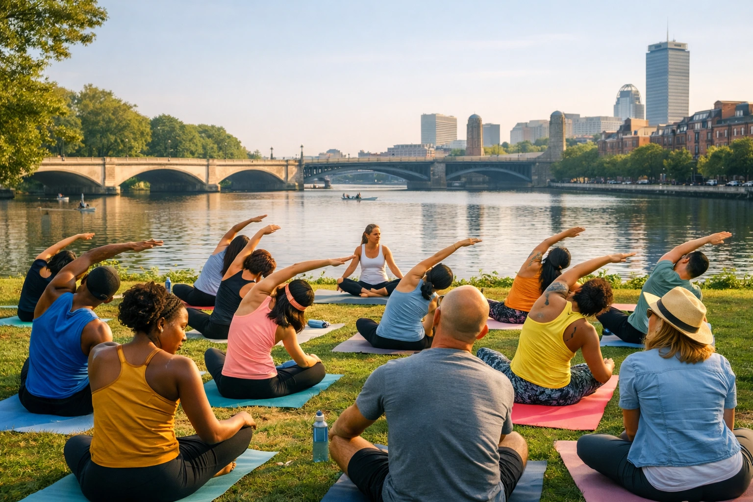 Outdoor fitness class on the Esplanade with participants exercising along the Charles River
